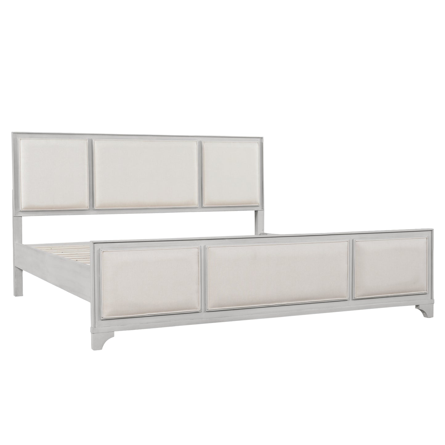 King Size Bed Frame with Upholstered Headboard, White Solid Wood & Beige Fabric, No Box Spring Needed, Modern Farmhouse Style image 7