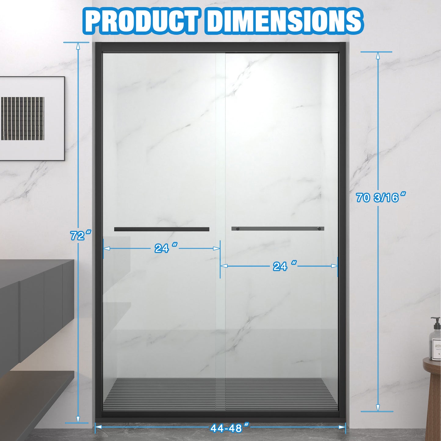 44-48"x72" Aluminum Frame Double Sliding Shower Door,Bypass Bathroom Sliding Door with Premium 5/16" (8mm) Clear Tempered Glass, Black Hardware Sliding Glass Shower Enclosure,Matte Black Finished image 2