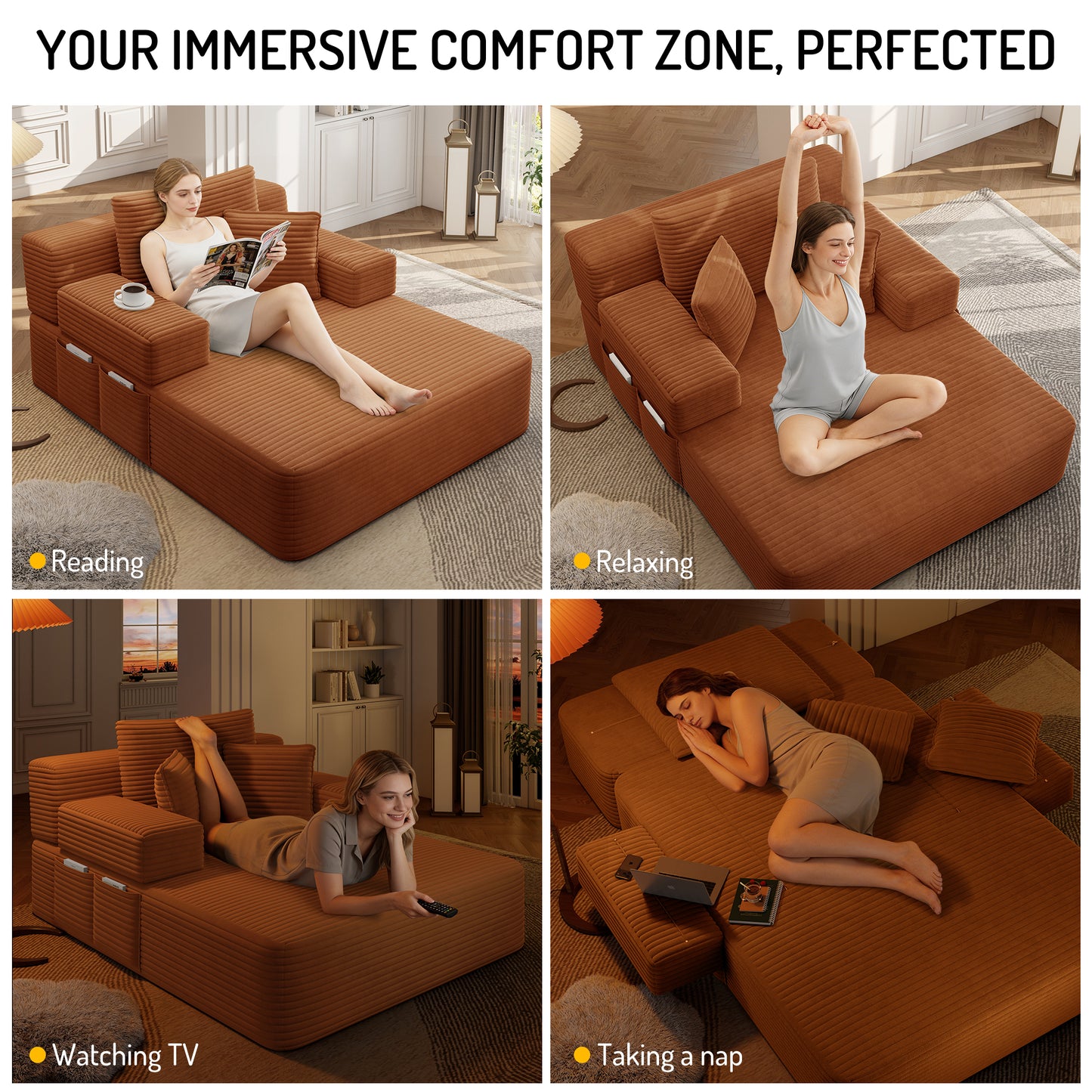 Luxurious Plush Corduroy Chaise Lounge with 3 Pillows, Convertible Sofa Bed with Storage Pocket, Frameless Design & Compression Foam for Small Spaces, Living Room, Apartment,Orange image 8