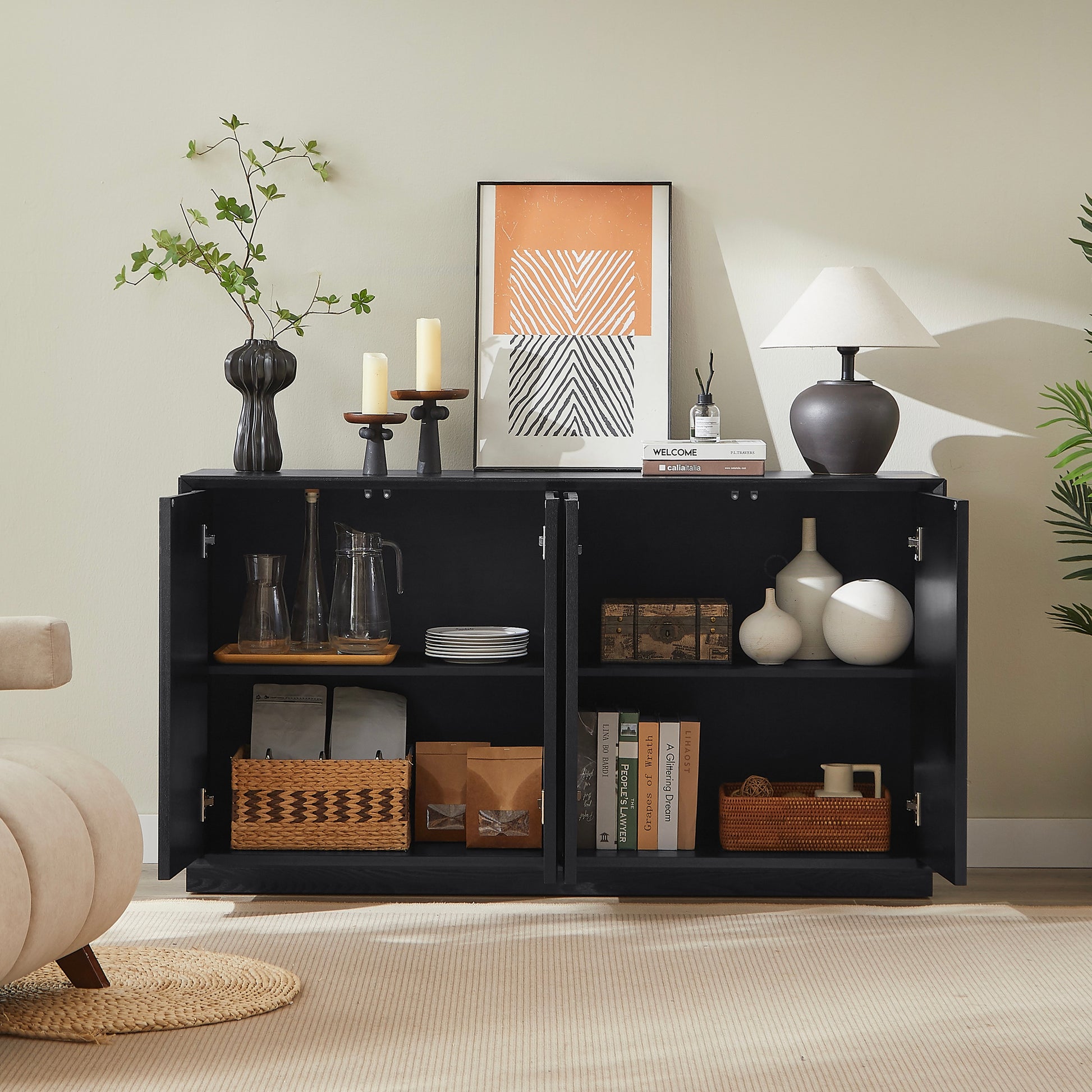 4 Door Accent Cabinet with Solid Wood Carved Doors, Adjustable Shelves, Push to Open Storage Cabinet with Cable Management, Ash Veneer Sideboard for Living Room, image 7