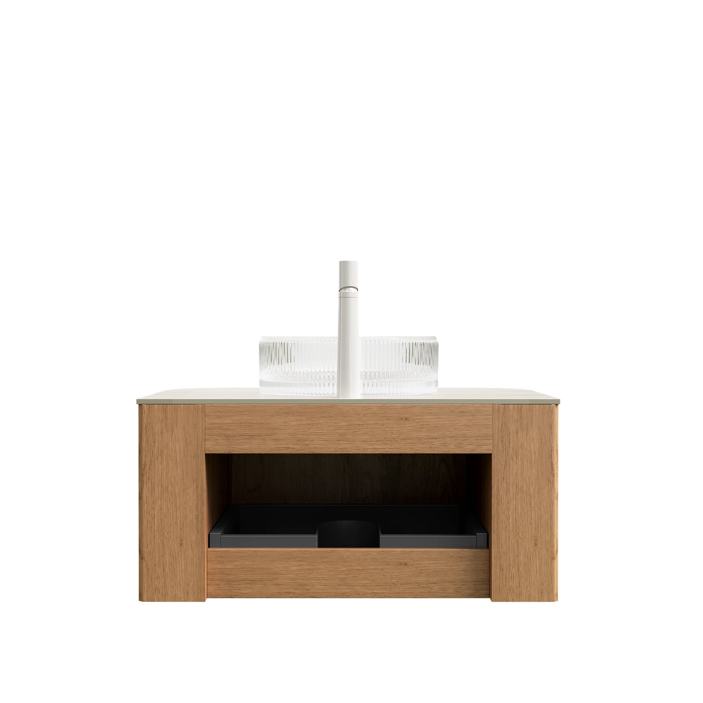 DINA 30" Bathroom Vanity&Sink, Floating Curved Edges Striped Storage Cabinet with Drawer, Transparent Round Glass Basin&Travertine-Pattern Sintered Stone Top, Pre-assembled, Natural Woodgrain Color image 4