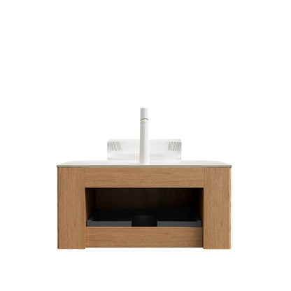 DINA 30" Bathroom Vanity&Sink, Floating Curved Edges Striped Storage Cabinet with Drawer, Transparent Round Glass Basin&Travertine-Pattern Sintered Stone Top, Pre-assembled, Natural Woodgrain Color image 4