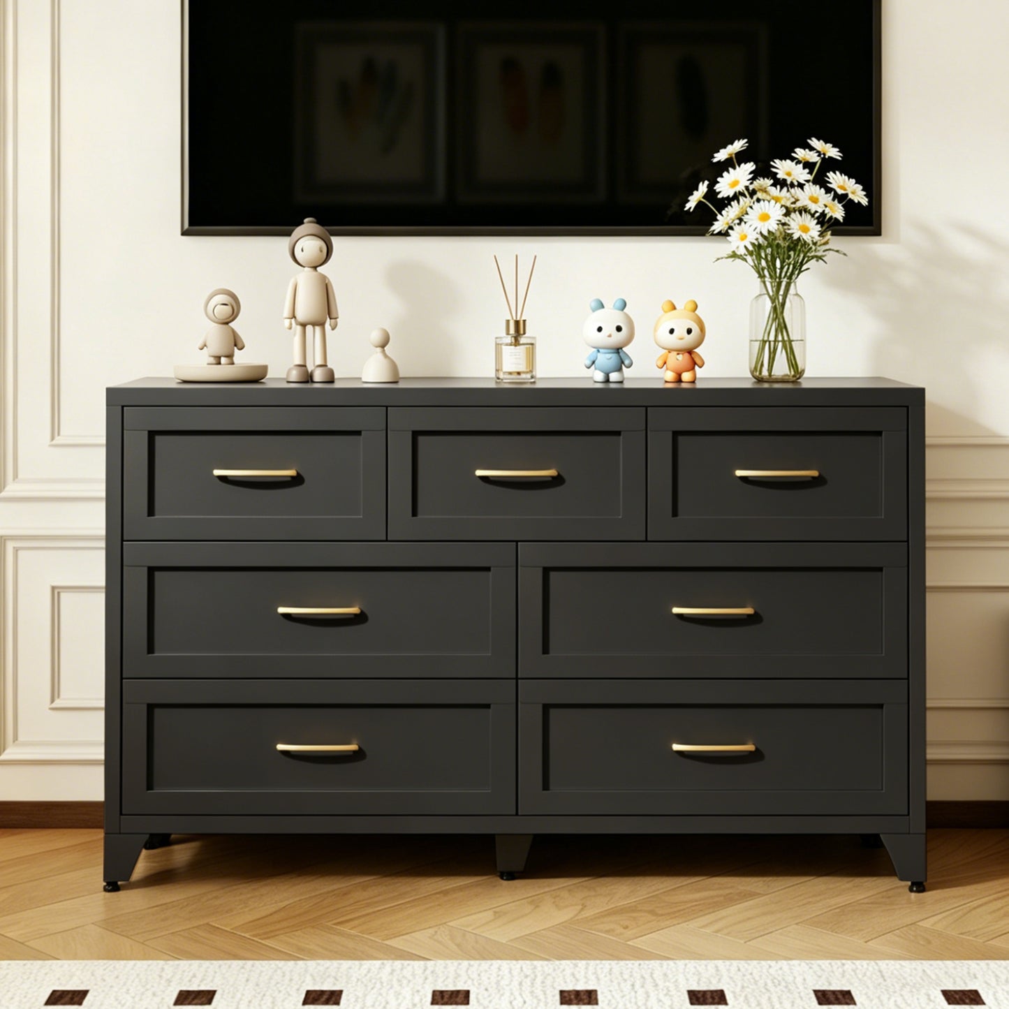 7-Drawer Dresser, Wide Low-Profile Storage Cabinet, Black Metal Chest of Drawers for Bedroom, Living Room & Entryway image 9