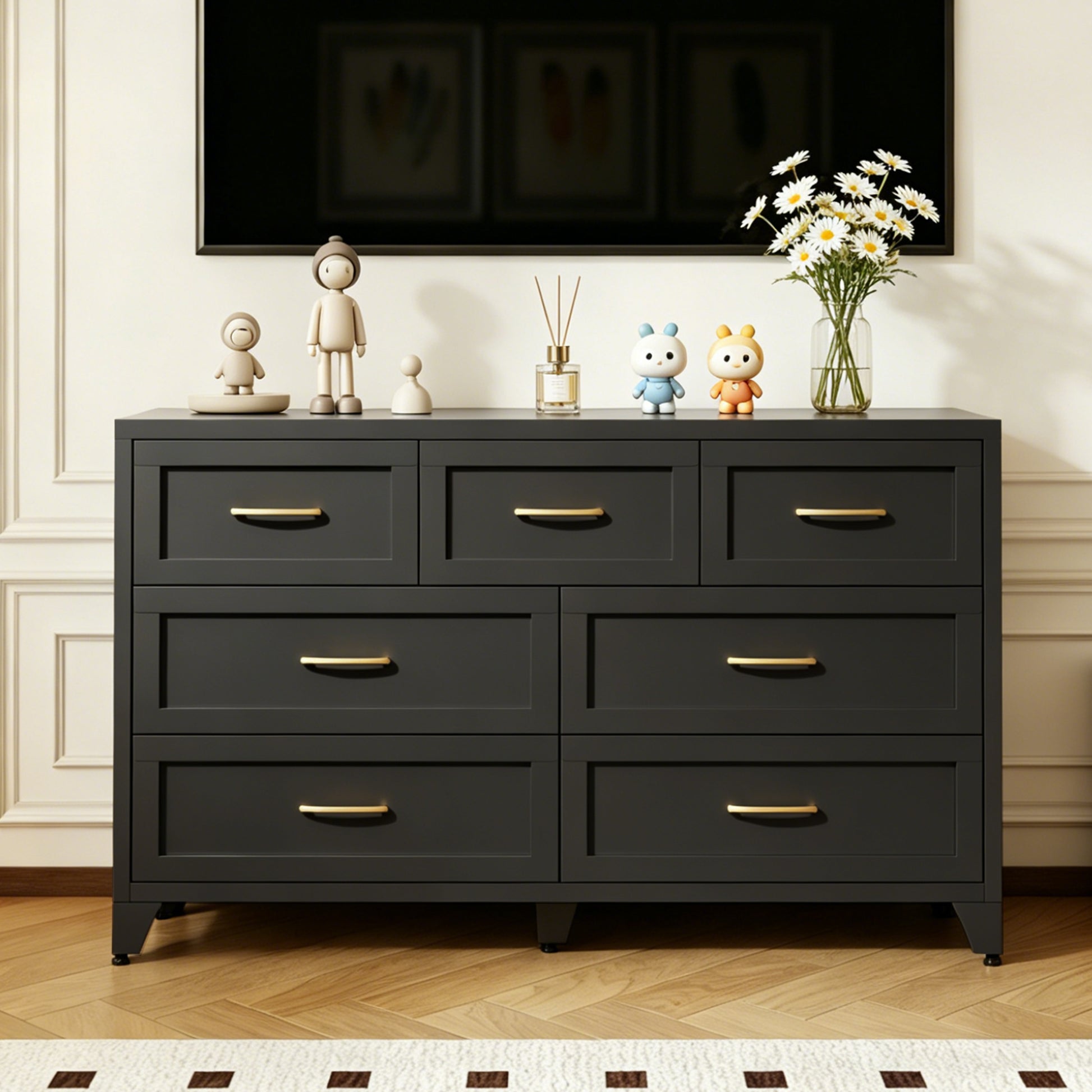 7-Drawer Dresser, Wide Low-Profile Storage Cabinet, Black Metal Chest of Drawers for Bedroom, Living Room & Entryway image 9