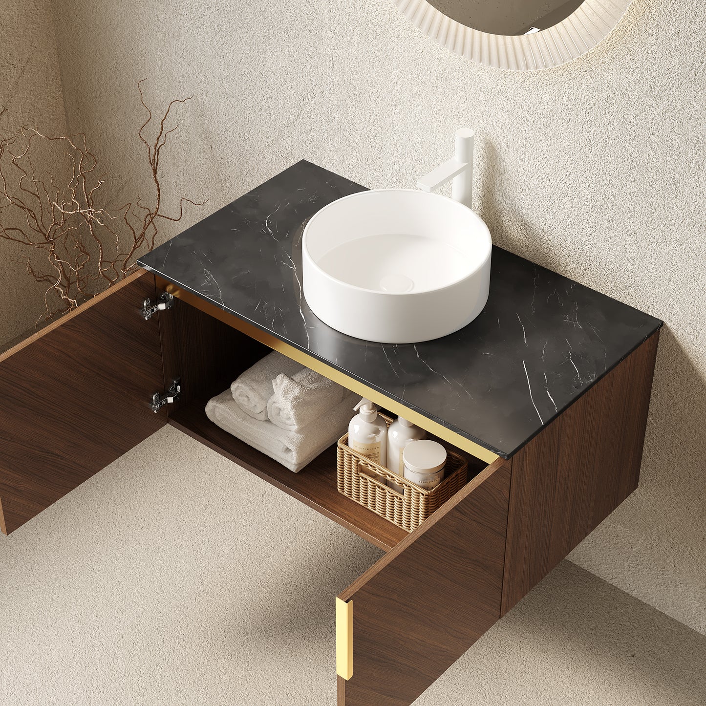 ARAI 36" Bathroom Vanity with Sink, Wall-Mounted Plywood Bathroom Storage Cabinet with Double Doors, Black Sintered Stone Countertop and White Round Ceramic Vessel Basin, Brown Oak Woodgrain Color image 2