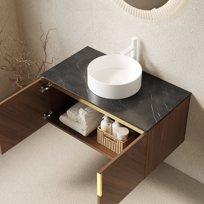 ARAI 36" Bathroom Vanity with Sink, Wall-Mounted Plywood Bathroom Storage Cabinet with Double Doors, Black Sintered Stone Countertop and White Round Ceramic Vessel Basin, Brown Oak Woodgrain Color image 2
