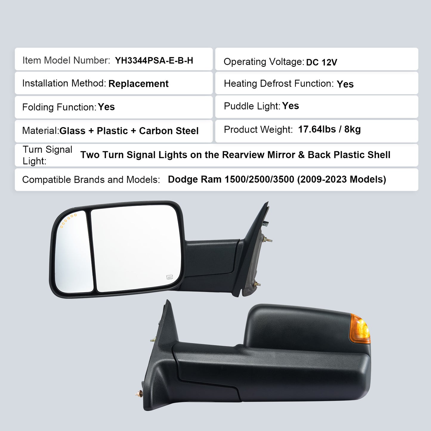Towing Mirrors Fit for 2009-2018 Dodge Ram 1500, 2010-2018 Ram 2500 3500, Ram Classic 2019-2023 Power Heated with Signal Light & Puddle Light, Manual Controlling Flipping Folding, Black image 5