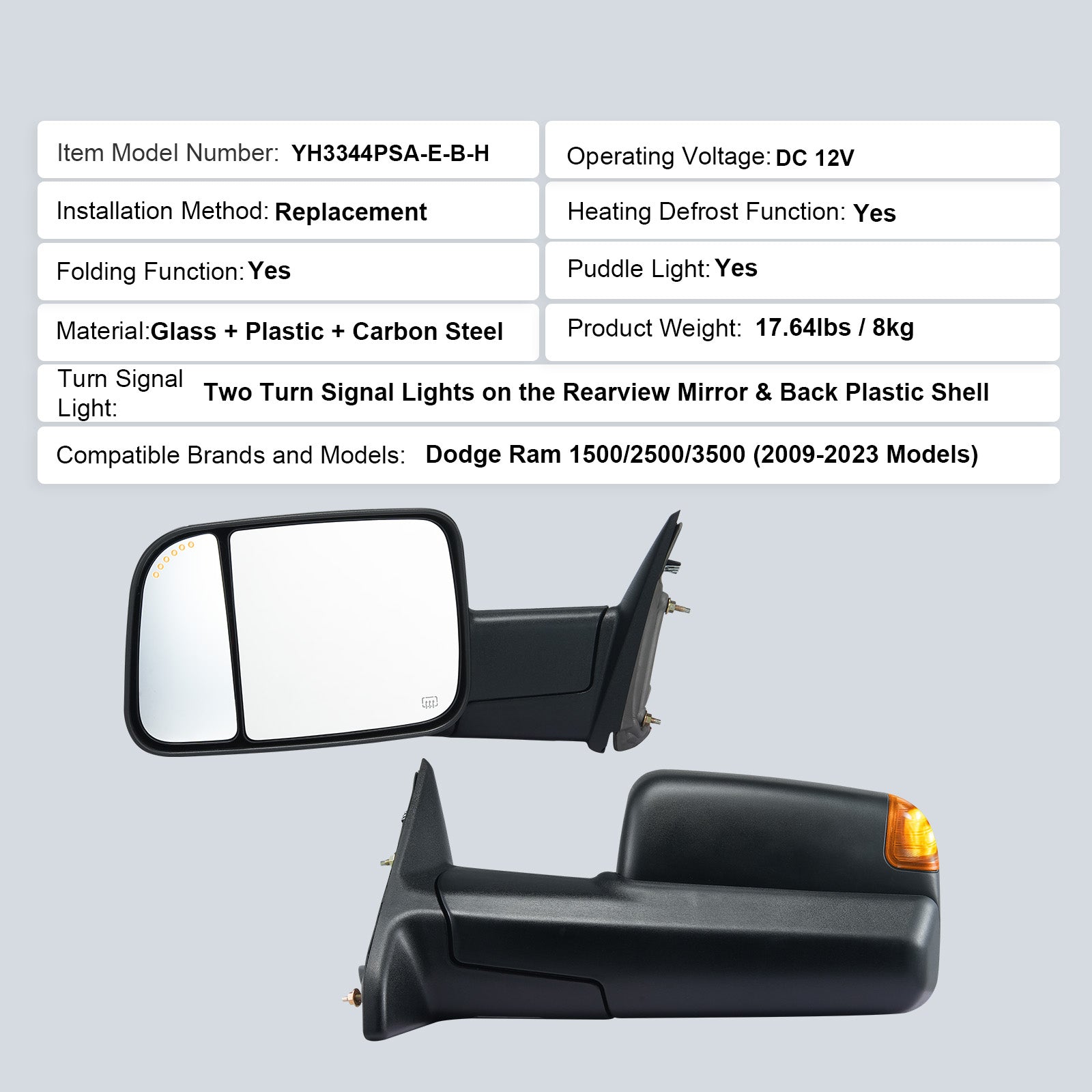 Towing Mirrors Fit for 2009-2018 Dodge Ram 1500, 2010-2018 Ram 2500 3500, Ram Classic 2019-2023 Power Heated with Signal Light & Puddle Light, Manual Controlling Flipping Folding, Black image 5