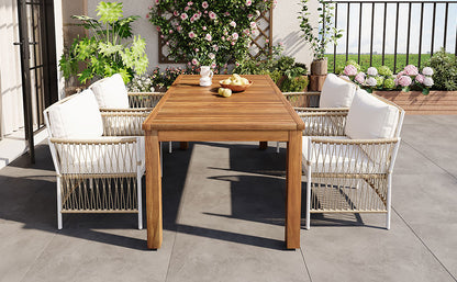 TOPMAX Patio 5pcs Wooden Dining Table Set, Outdoor 67''L Rectangular Table with 4 Rattan Arm Chairs for Poolside, Backyard, Garden, Natural image 2