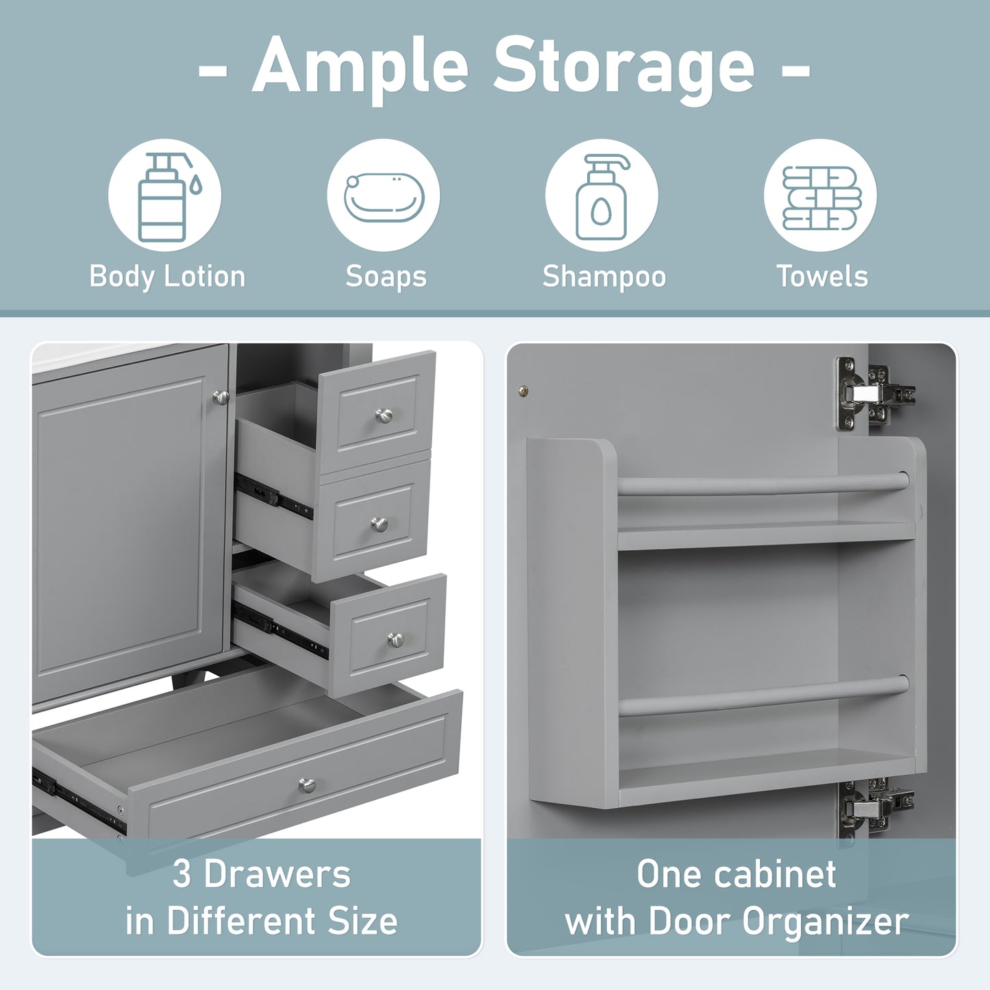 30" Bathroom Vanity with Sink, One Door with Shelf and Three Drawers, Soft Close Door, Grey image 6