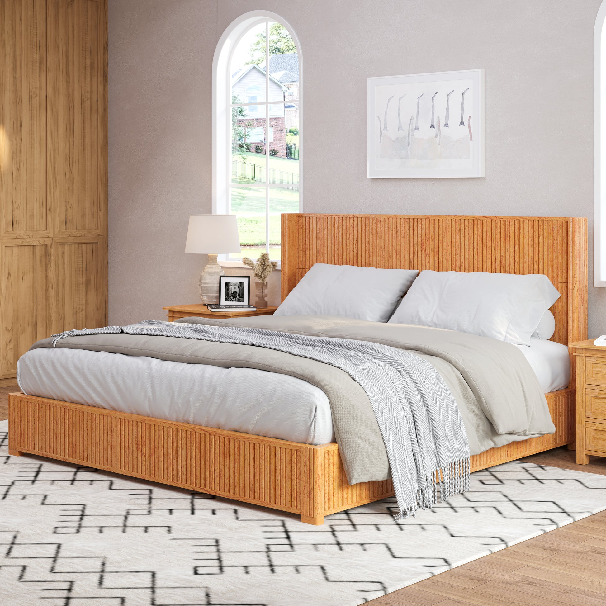Solid Wood Platform Bed Frame with Headboard, No Box Spring Needed, Floor-standing bed, Easy Assembly, King Size, Natural image 3