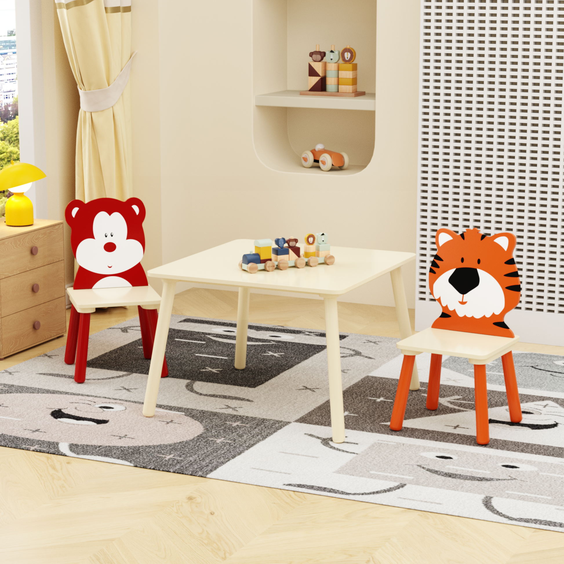 Kids Table and 2 Chairs Set, 3 Pieces Toddler Table and Chair Set, Wooden Activity Play Table Set (Bear&Tiger) image 1
