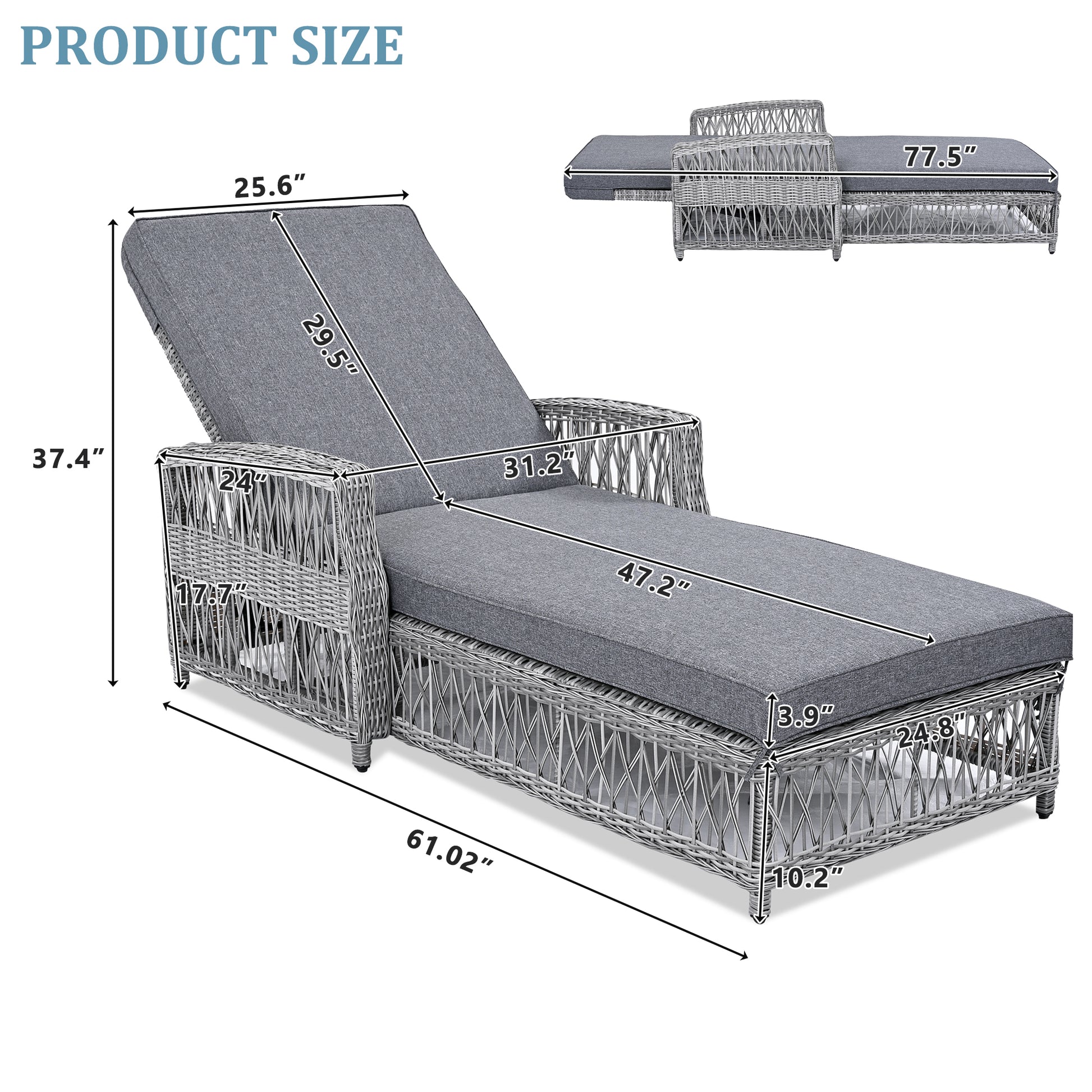 GO Outdoor Long Reclining Chaise, Wicker Lounge with Armrests, Patio Adjustable Recliner with Soft Removable Cushions, All Weather Rattan Pool Lounge for Poolside & Garden, Gray image 9
