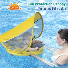 Preself Upgraded Baby Float Non-Inflatable Mambobaby Swim Ring, Infant Soft Solid Swimming Trainer, Baby Pool Float with Removable UPF 50+ UV Sun Protection Canopy (Light Blue Ladybug)