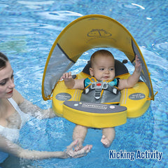 Preself Upgraded Baby Float Non-Inflatable Mambobaby Swim Ring, Infant Soft Solid Swimming Trainer, Baby Pool Float with Removable UPF 50+ UV Sun Protection Canopy (Light Blue Ladybug)