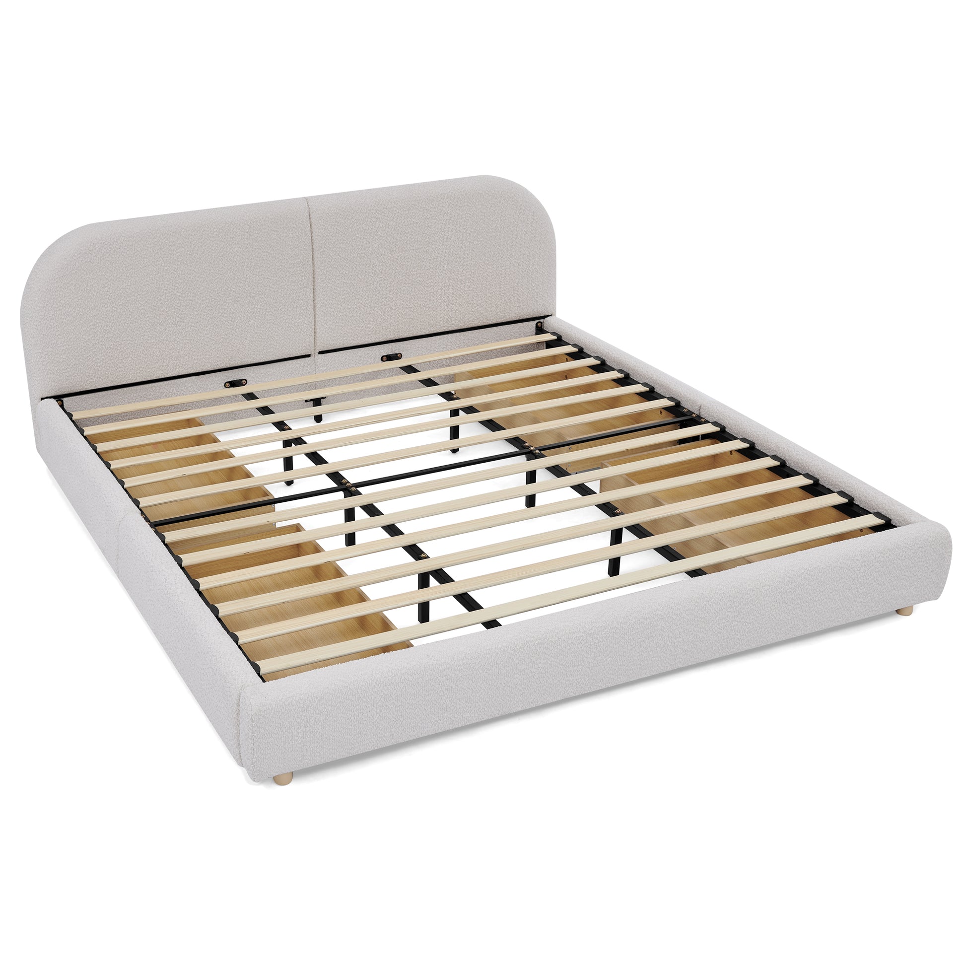 King Size Upholstered Bed Frame Modern Minimalist Style - Circle Yarn Fabric, Tall Curved Headboard, Sturdy Leg Support & Wheeled Drawer Storage, Mattress Not Included -Beige image 11
