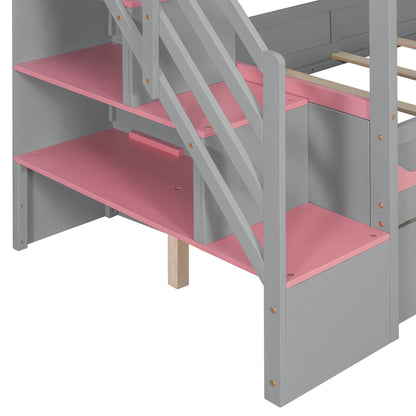 Twin Over Twin Bunk Bed with House-Shaped Roof and Storage Stairs, Wooden House Bed Frame with 2 Under-bed Drawers,Shelves,LED,Gray image 12