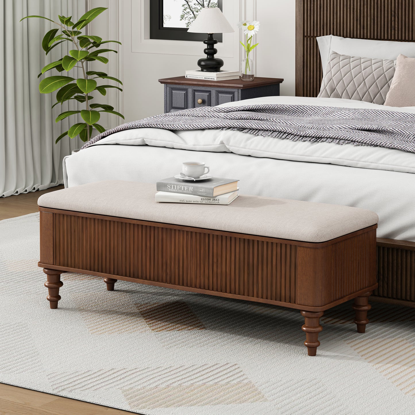 50.8-inch Multi-Functional Storage Ottoman Bench-Solid Rubberwood Bed End Bench with Linen Seat, Storage Bench for Bedroom, Entryway Shoe Organizer for Bedroom, Living Room, Entryway, Closet, Walnut image 2