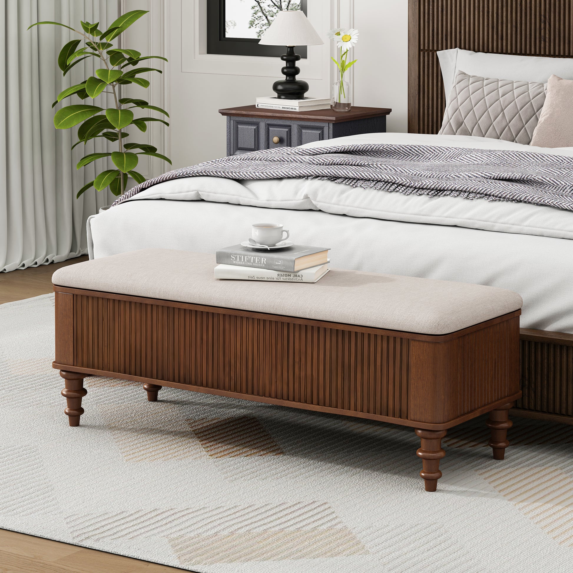 50.8-inch Multi-Functional Storage Ottoman Bench-Solid Rubberwood Bed End Bench with Linen Seat, Storage Bench for Bedroom, Entryway Shoe Organizer for Bedroom, Living Room, Entryway, Closet, Walnut image 2