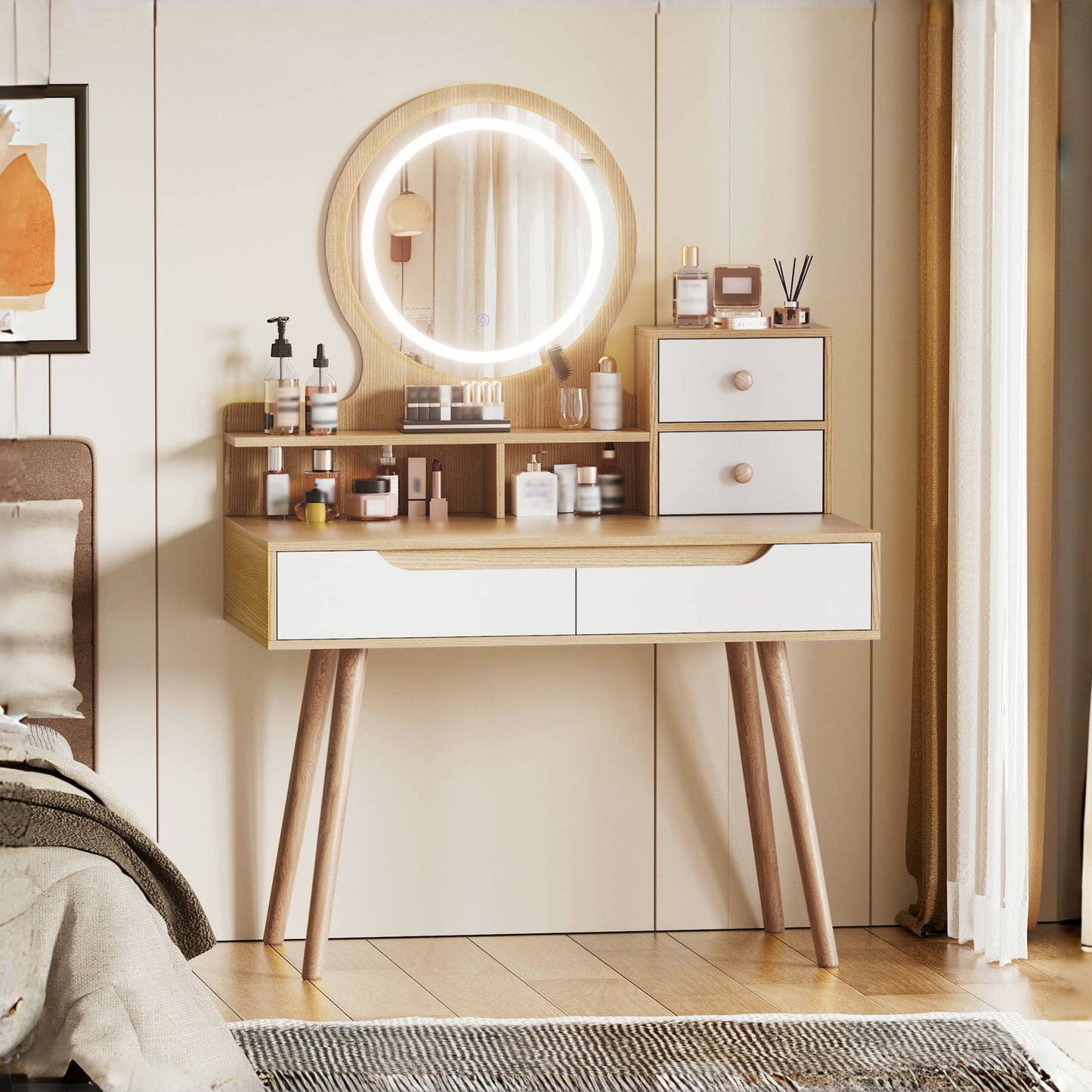 Makeup Vanity Desk with 3 Adjustable Lighted Mirror with solid wood table feet, Dressing Table Set with 4 drawers and 3 open shelves for Small space Bedroom image 1