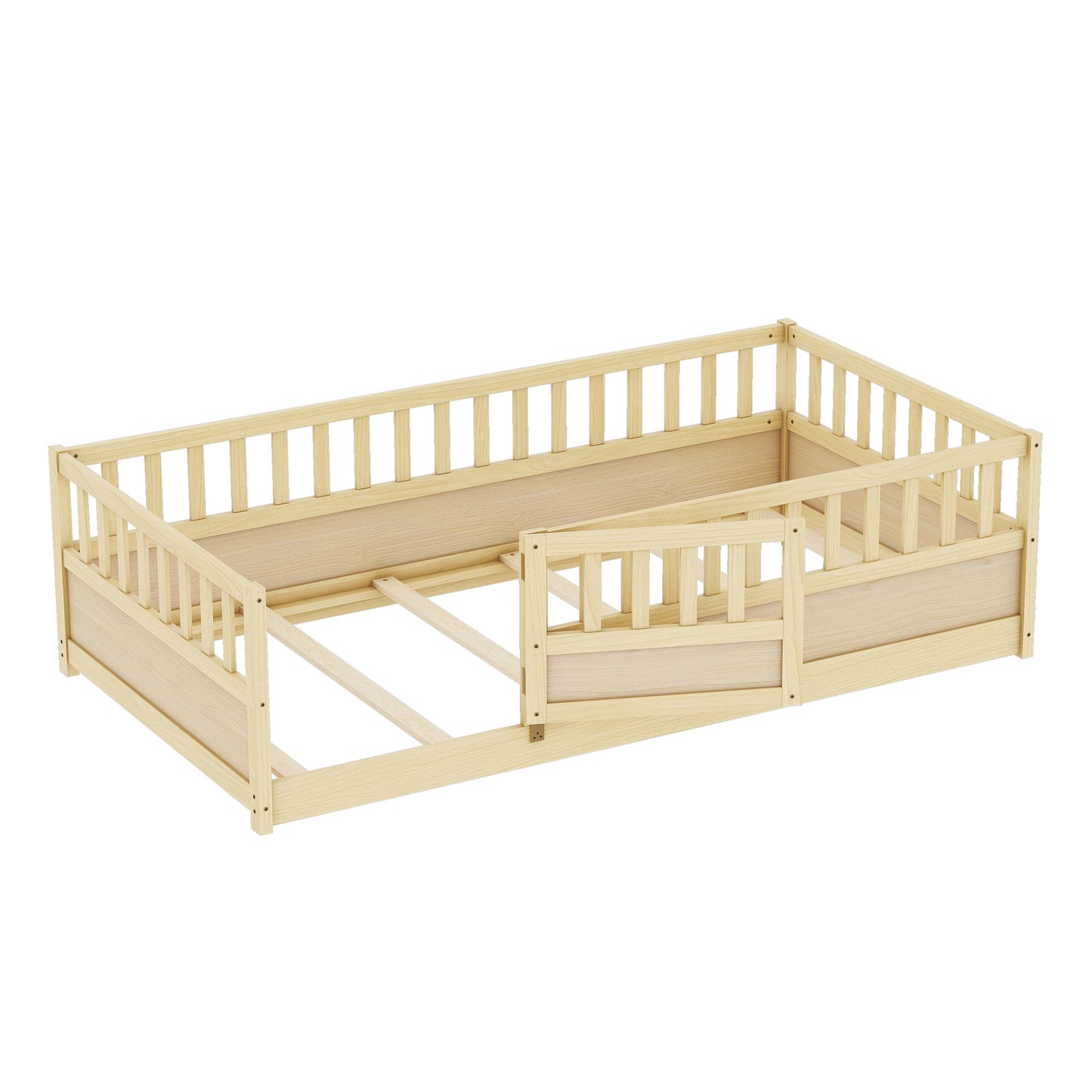 Twin Size Floor bed, integral construction with super high security barrier, door, children's floor bed frame, Montessori wooden children's floor bed, Support slat Natural Wood(Patented model) image 10
