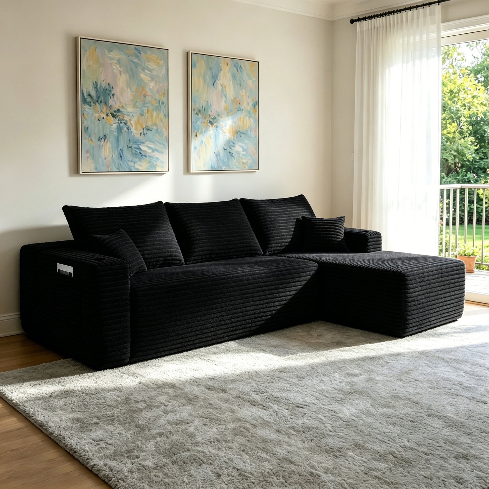 108" Cloud Sectional Sofa with L-Shape Chaise and Side Pockets, Modern Modular Design, Deep Seating, Upholstered Couch for Living Room/Bedroom, No Assembly Required (Plush Fabric), Black, Right image 1