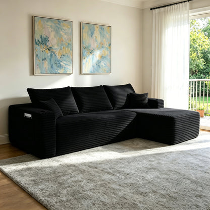 108" Cloud Sectional Sofa with L-Shape Chaise and Side Pockets, Modern Modular Design, Deep Seating, Upholstered Couch for Living Room/Bedroom, No Assembly Required (Plush Fabric), Black, Right image 1