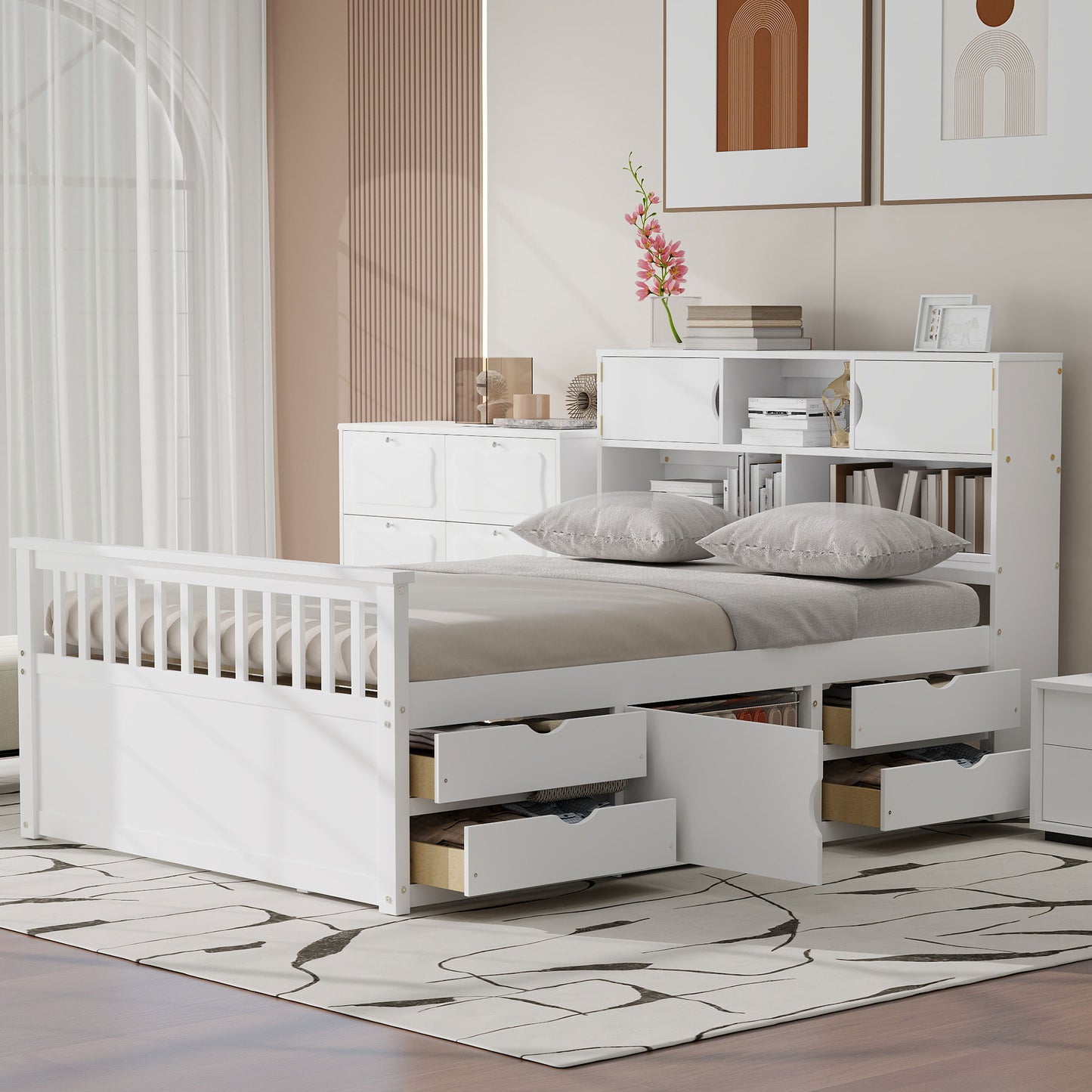 Full Size Captain Platform Bed Frame with Storage Bookcases and Shelves,Four Drawers,White image 1