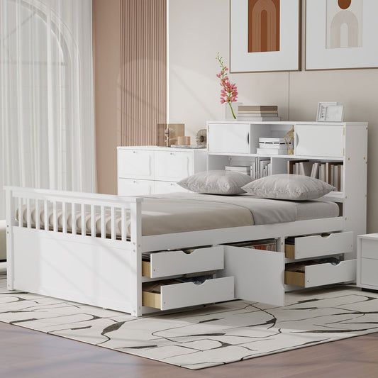 Full Size Captain Platform Bed Frame with Storage Bookcases and Shelves,Four Drawers,White image 1