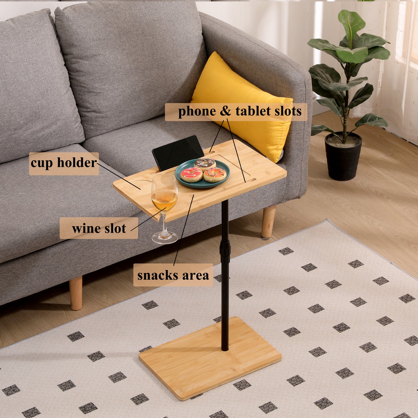 Bamboo Couch Tray Table Height Adjustable C-Shaped End Table with Slots 2 Tier Sofa Side Table for Living Room & Bedroom (Rectangle + Rectangle) image 3