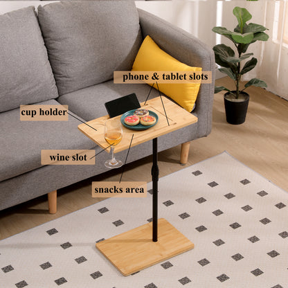 Bamboo Couch Tray Table Height Adjustable C-Shaped End Table with Slots 2 Tier Sofa Side Table for Living Room & Bedroom (Rectangle + Rectangle) image 3