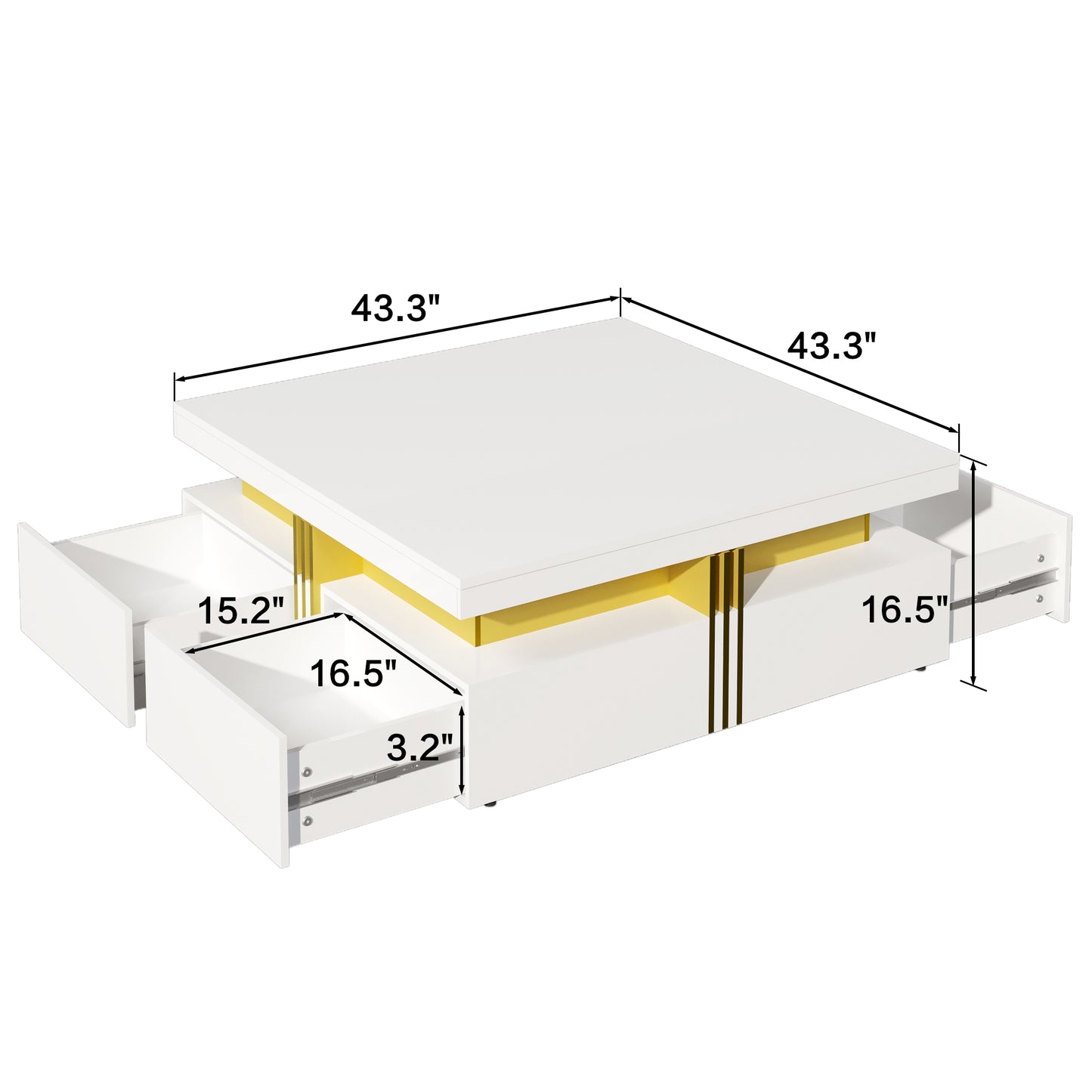 Modern Glossy Square Storage Coffee Table with 4 Drawers, 43.3", White image 11