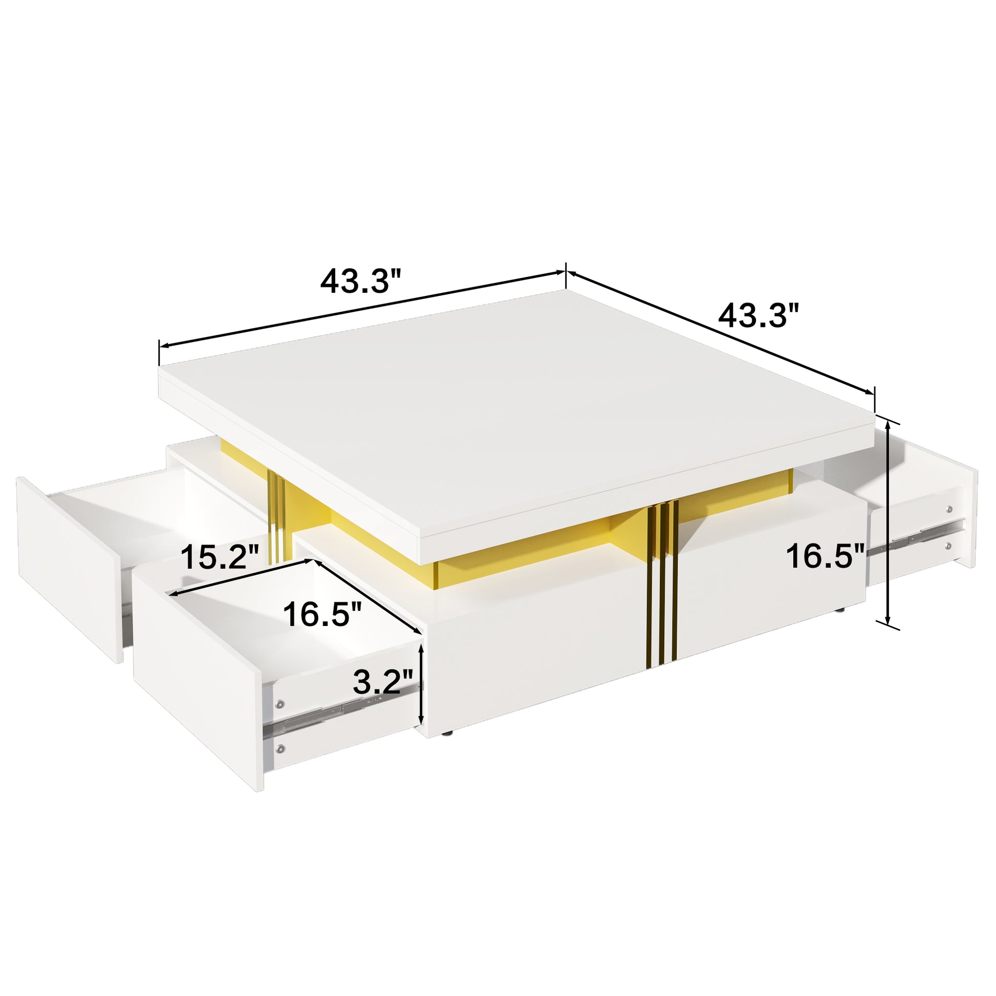 Modern Glossy Square Storage Coffee Table with 4 Drawers, 43.3", White image 11