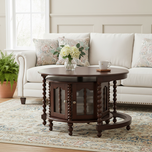 Vintage Round Nesting Coffee Table, Six Bamboo-shaped Decorative Glass Doors, Retro Beaded Legs, Walnut, 31.5" image 1
