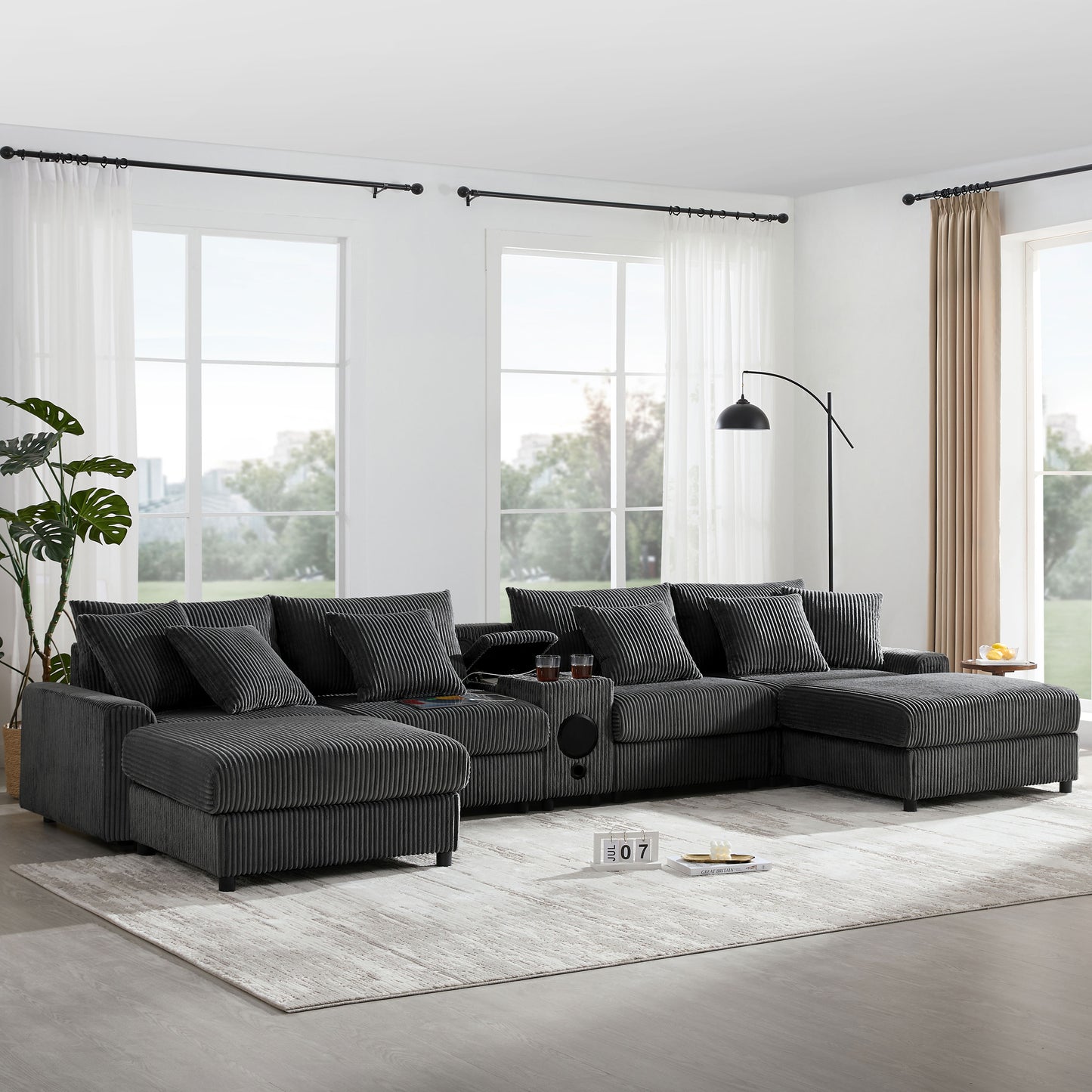 [VIDEO]141.5*64'' Corduroy Sectional Sofa with Bluetooth Speakers, U-Shaped Couch with Console, USB Charger, Cup Holders, Storage, Ottoman, Deep and Wide Seat Cloud Sofa for Living Room&Apartment image 1