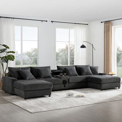 [VIDEO]141.5*64'' Corduroy Sectional Sofa with Bluetooth Speakers, U-Shaped Couch with Console, USB Charger, Cup Holders, Storage, Ottoman, Deep and Wide Seat Cloud Sofa for Living Room&Apartment image 1