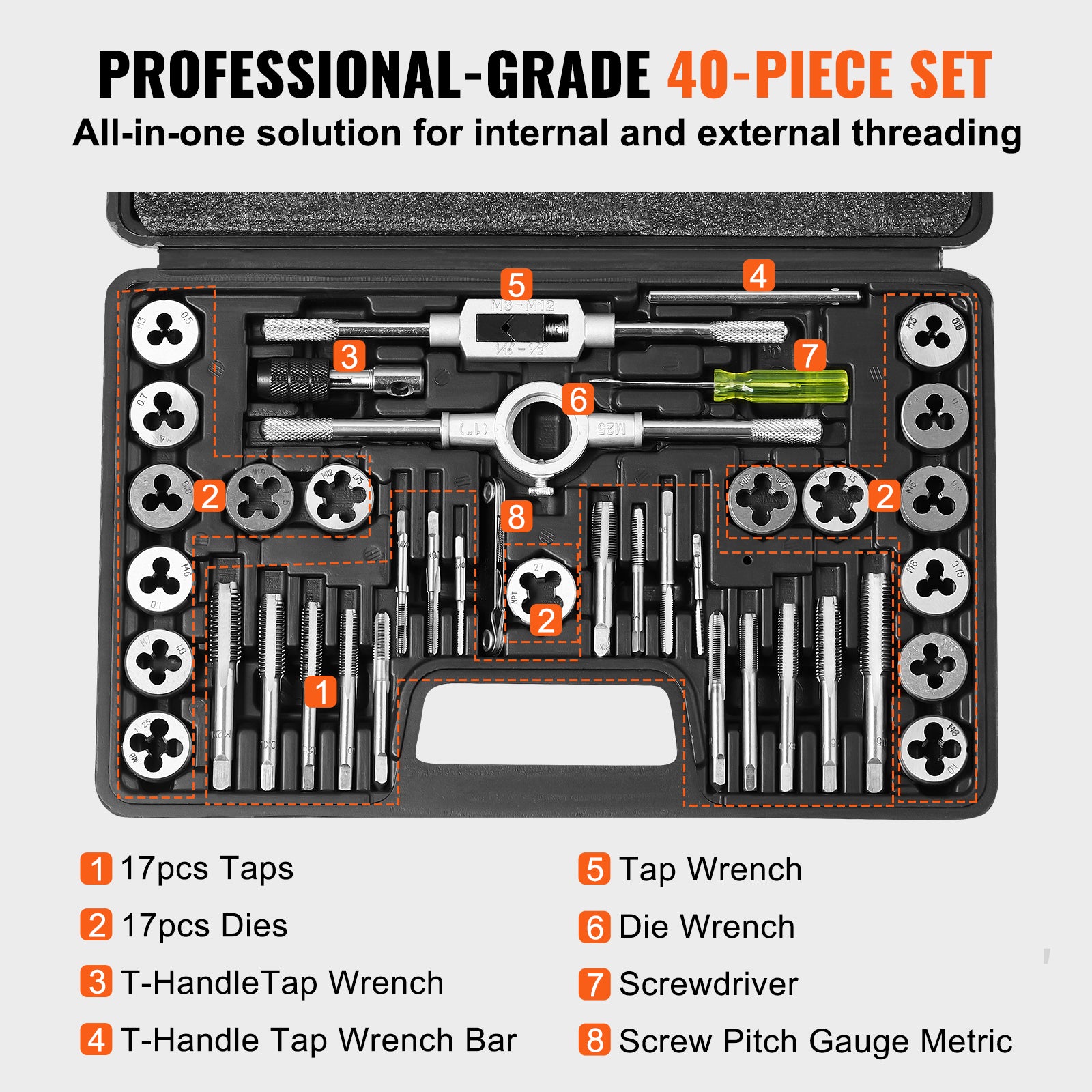 Tap and Die Set, 40-Piece Include Metric Size M3 to M12, Bearing Steel Taps and Dies, Essential Threading Tool for Cutting External Internal Threads, with Complete Accessories and Storage Case image 4