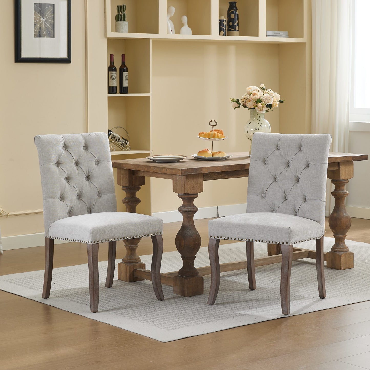 Upholstered Chenille Fabric Accent Dining Chair, Curved Solid Wood Legs, Elegant Tufted Club Dining Room Kitchen Room Dining Chair, Set of 2,Beige,SW1894BG image 1