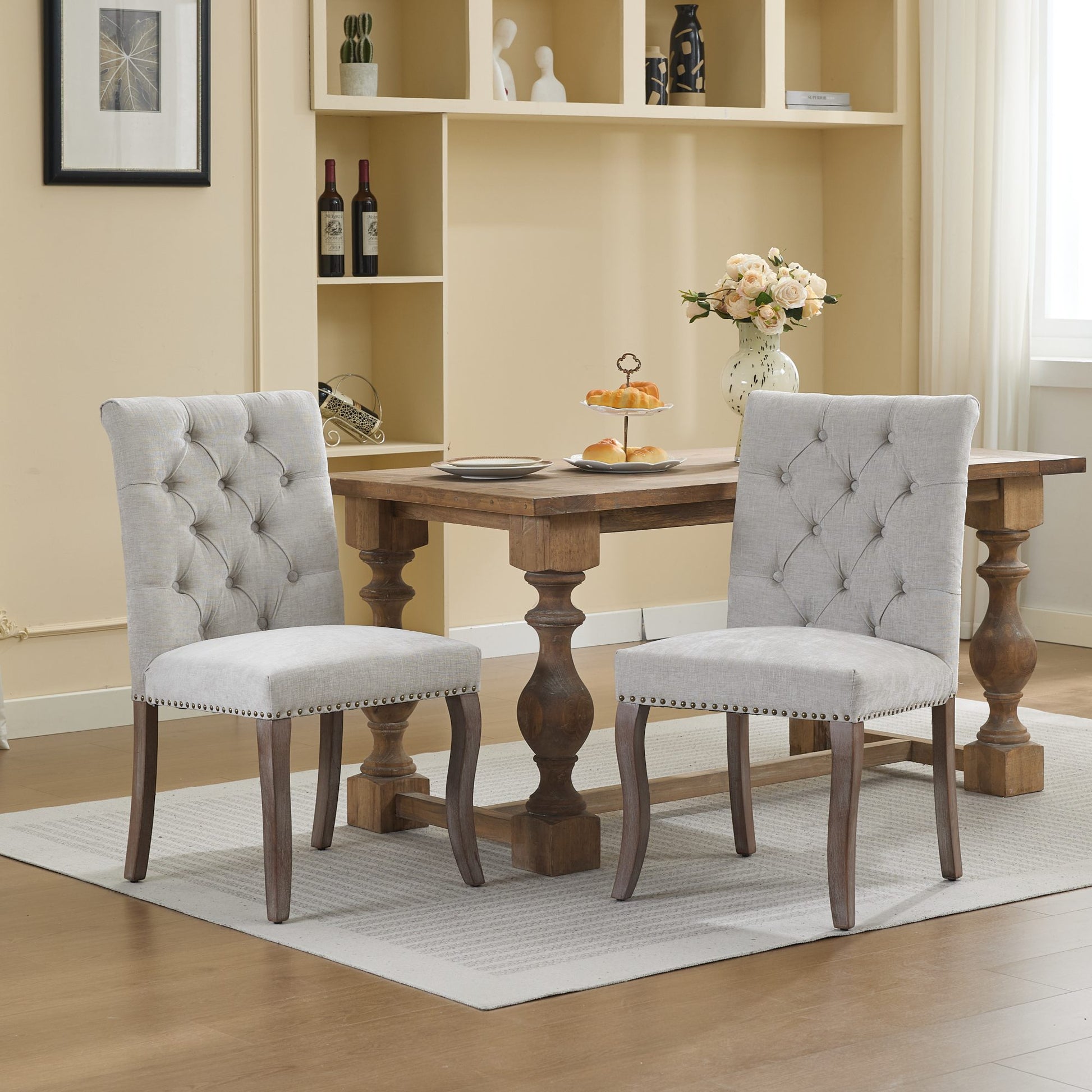 Upholstered Chenille Fabric Accent Dining Chair, Curved Solid Wood Legs, Elegant Tufted Club Dining Room Kitchen Room Dining Chair, Set of 2,Beige,SW1894BG image 1