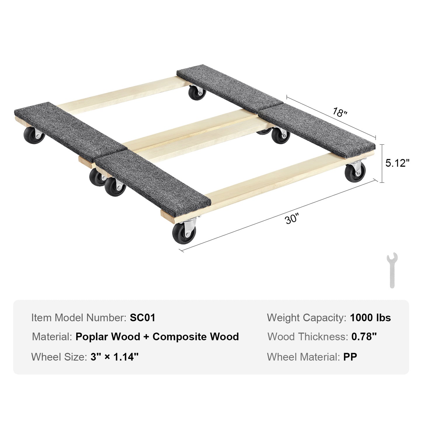 Furniture Dolly, 1000 lbs Each Load Capacity, 2 Packs, 18" x 30", 8 x 3" PP Swivel Casters, Heavy Duty Hardwood Furniture Moving Dolly, Mover's Dolly, Moving Cart with Wheels for Heavy Furniture image 9
