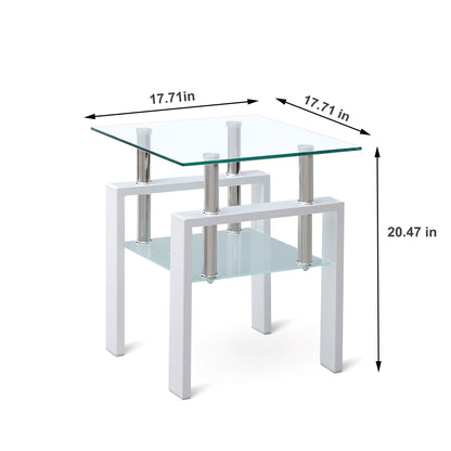 2 pieces White Tempered Clear Glass End Table, 2-Layers Small Table with Storage, Living Room Side Table image 4