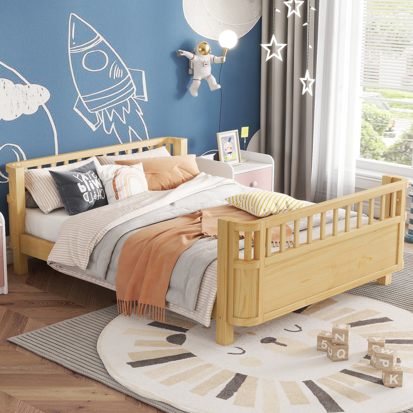 Full Size Wood Platform Bed for Kids, Wood Low Profile Full Bed with Rails for Girls and Boys, Natural (Patented Design,Expect Arrival Date 2026/5/11 Old SKU W2593P233781) image 2