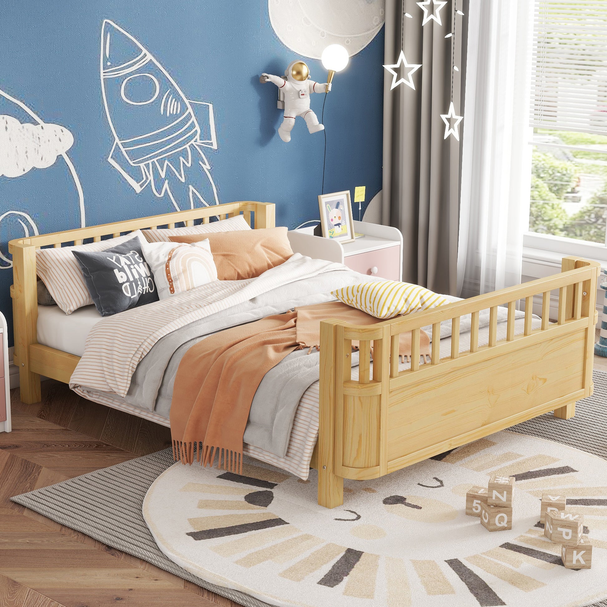 Full Size Wood Platform Bed for Kids, Wood Low Profile Full Bed with Rails for Girls and Boys, Natural (Patented Design,Expect Arrival Date 2026/5/11 Old SKU W2593P233781) image 2