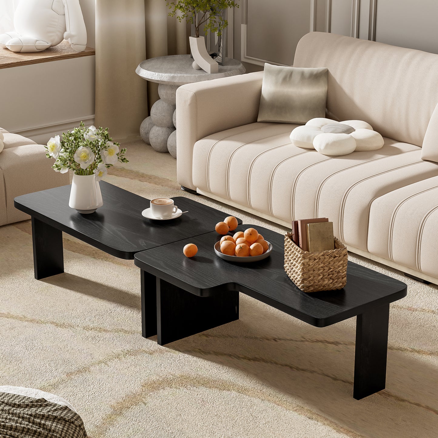 U-Can Modern Minimalist Coffee Table Set, Rectangle Coffee Table with Splicing Design, Multifunctional Combination Table for Living Room image 3