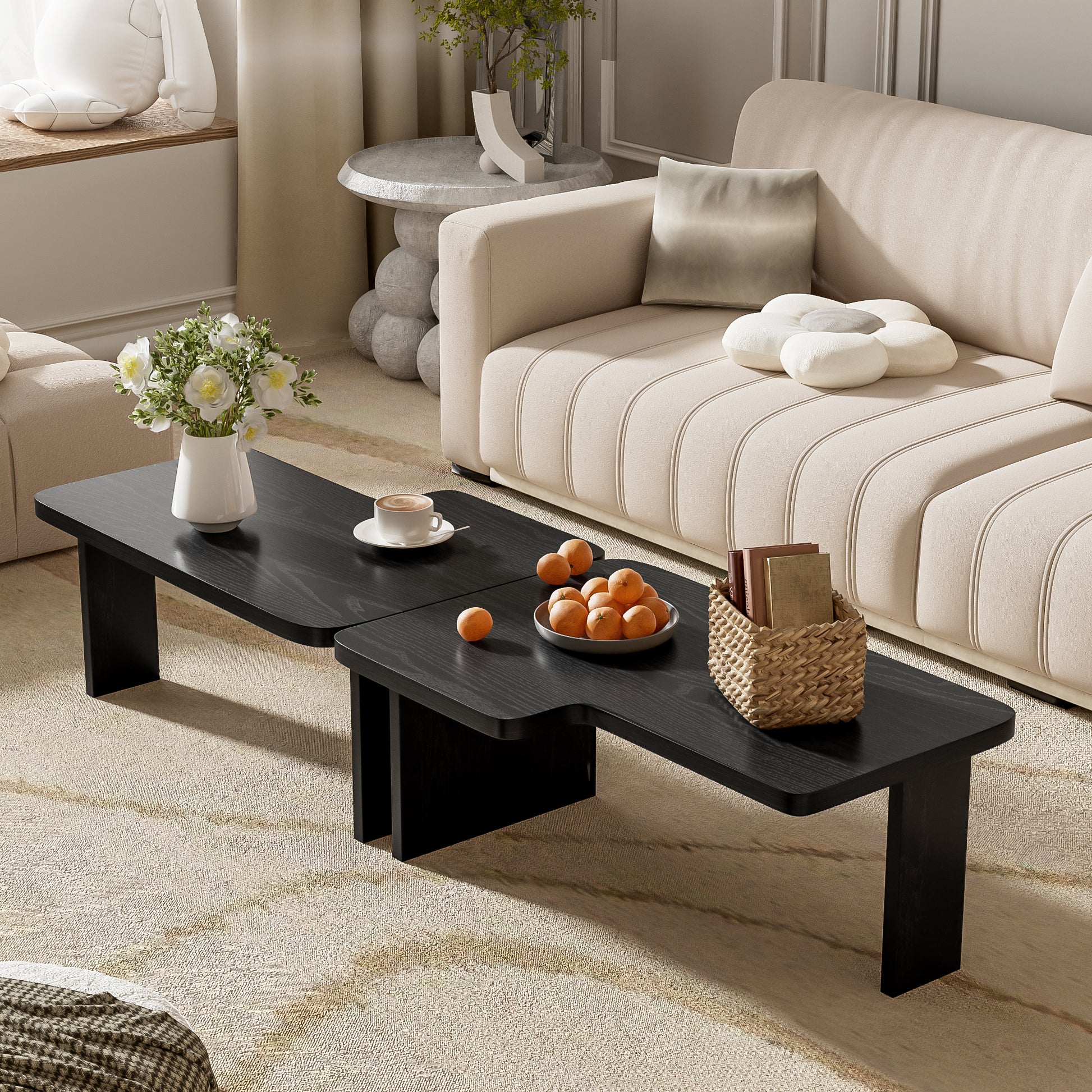 U-Can Modern Minimalist Coffee Table Set, Rectangle Coffee Table with Splicing Design, Multifunctional Combination Table for Living Room image 3