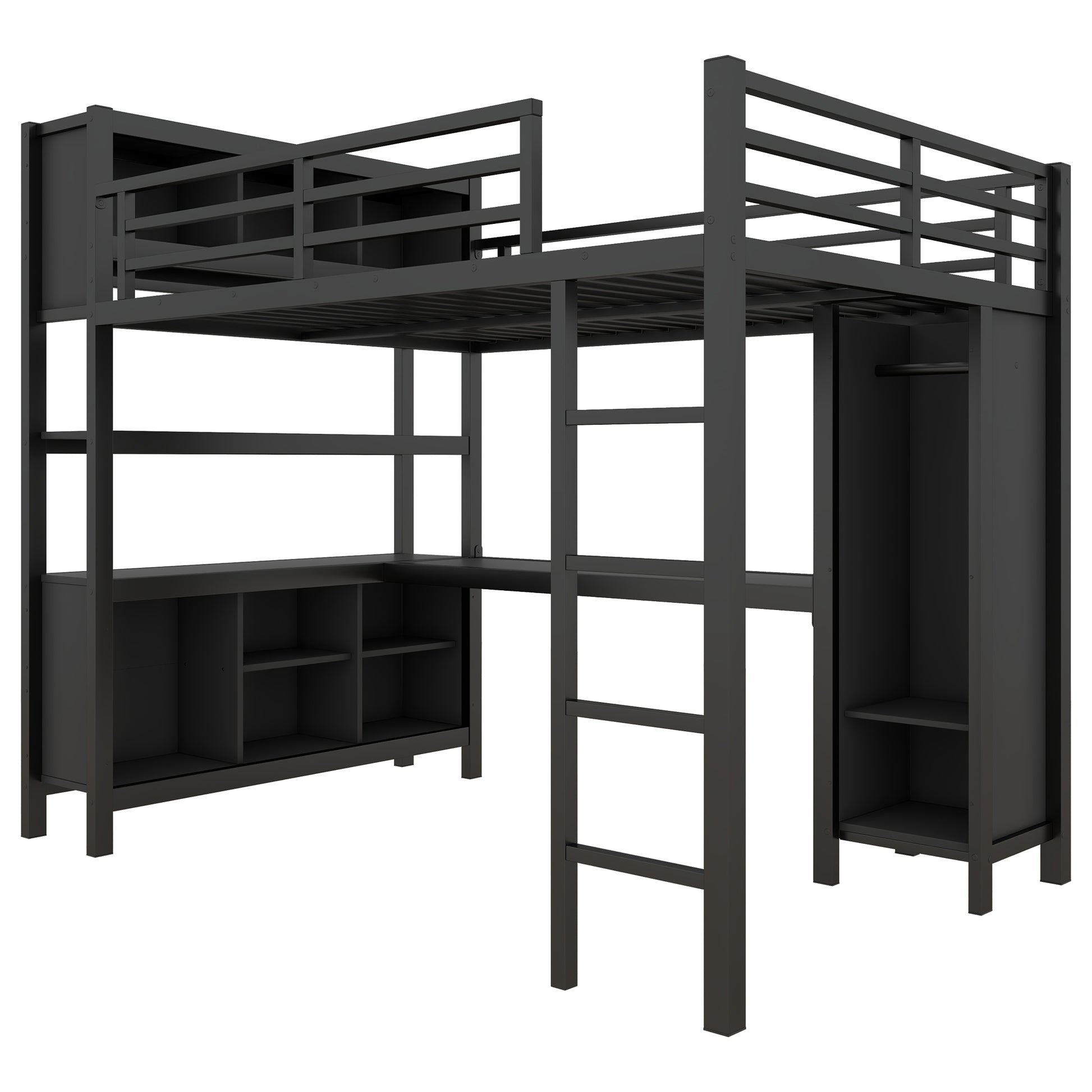 Metal Loft Bed with Wardrobe And L-shaped Desk, Full Size Loft Bed with Storage Cubes and Shelves, Heavy Duty Loft Bed for Kids Teens Adults, Black image 5