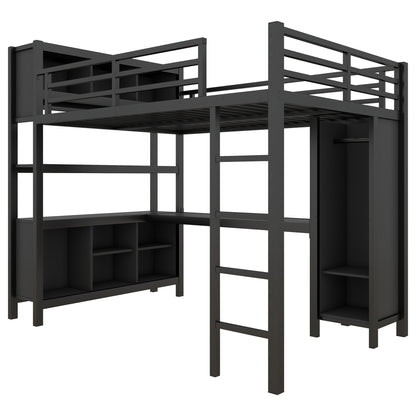 Metal Loft Bed with Wardrobe And L-shaped Desk, Full Size Loft Bed with Storage Cubes and Shelves, Heavy Duty Loft Bed for Kids Teens Adults, Black image 5