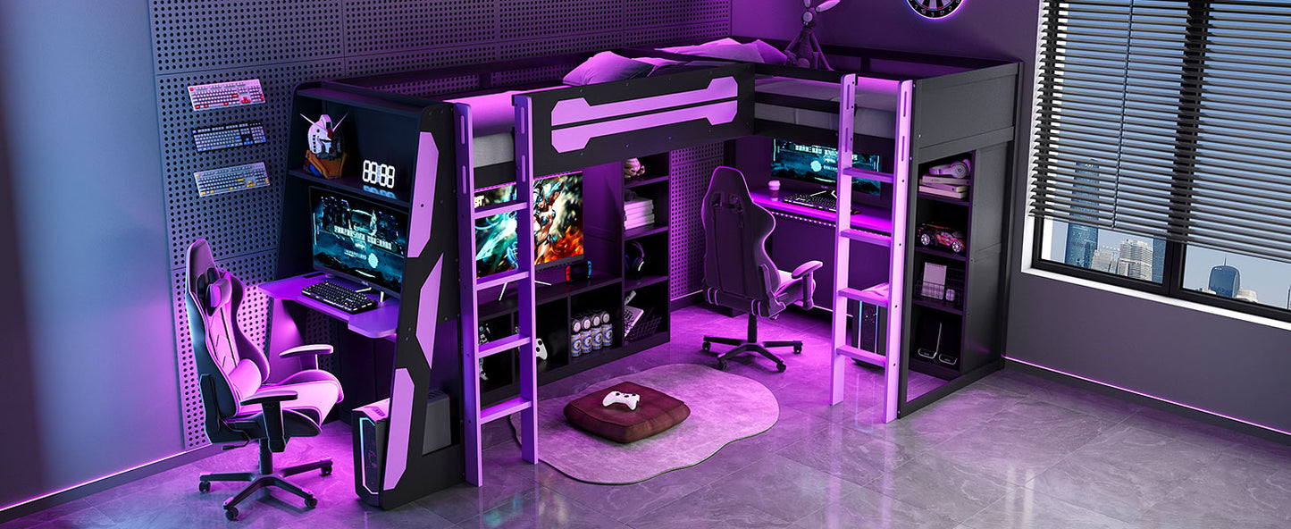 L-Shaped Wooden twin Size Gaming Bed Frame with RGB LED Lights, Dual twin Beds, USB Ports, TV Stand & Storage Shelves, Reversible Layout, Space-Saving Wood Loft Bed for Teens & Adults-Purple image 6