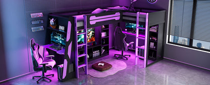 L-Shaped Wooden twin Size Gaming Bed Frame with RGB LED Lights, Dual twin Beds, USB Ports, TV Stand & Storage Shelves, Reversible Layout, Space-Saving Wood Loft Bed for Teens & Adults-Purple image 6