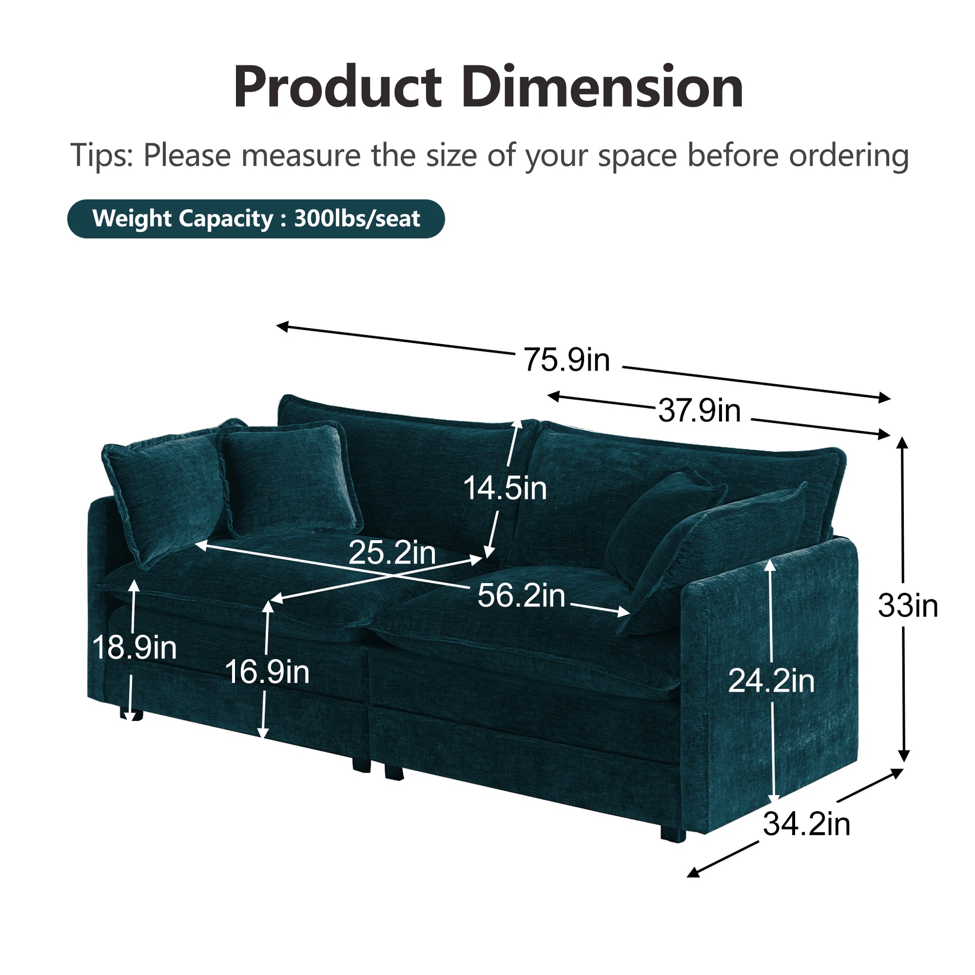 Modern Fabric Loveseat Sofa Couch for Living Room, Upholstered Large Size Deep Seat 2-Seat Sofa with 4 Pillows,Blue Chenille image 5